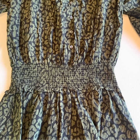 Rails Jasmine Olive Batik Cheetah long sleeve smocked waist dress Size S - Picture 5 of 11